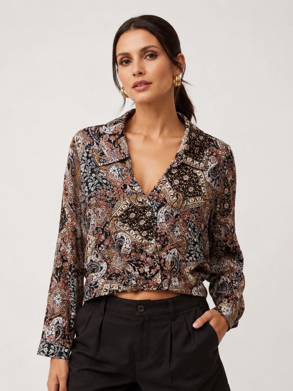 Haute Hippie M Cropped Floral Paisley Faux Wrap Blouse Retro Boho Flowy Fall